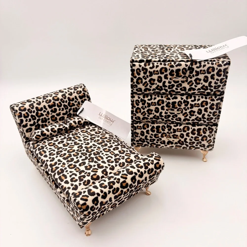 Willow & Riley Leopard Print Miniature Bed and Dresser Jewelry Box Set 2pc NEW